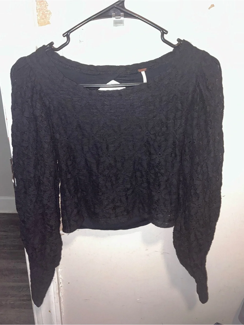Free People Black Lace Long-Sleeve Cropped Top